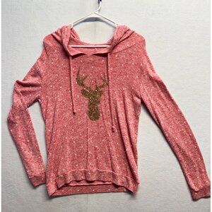 Red Heathered Hoodie W/ Gold Glitter Deer Print Polka Dot Pattern Size Small